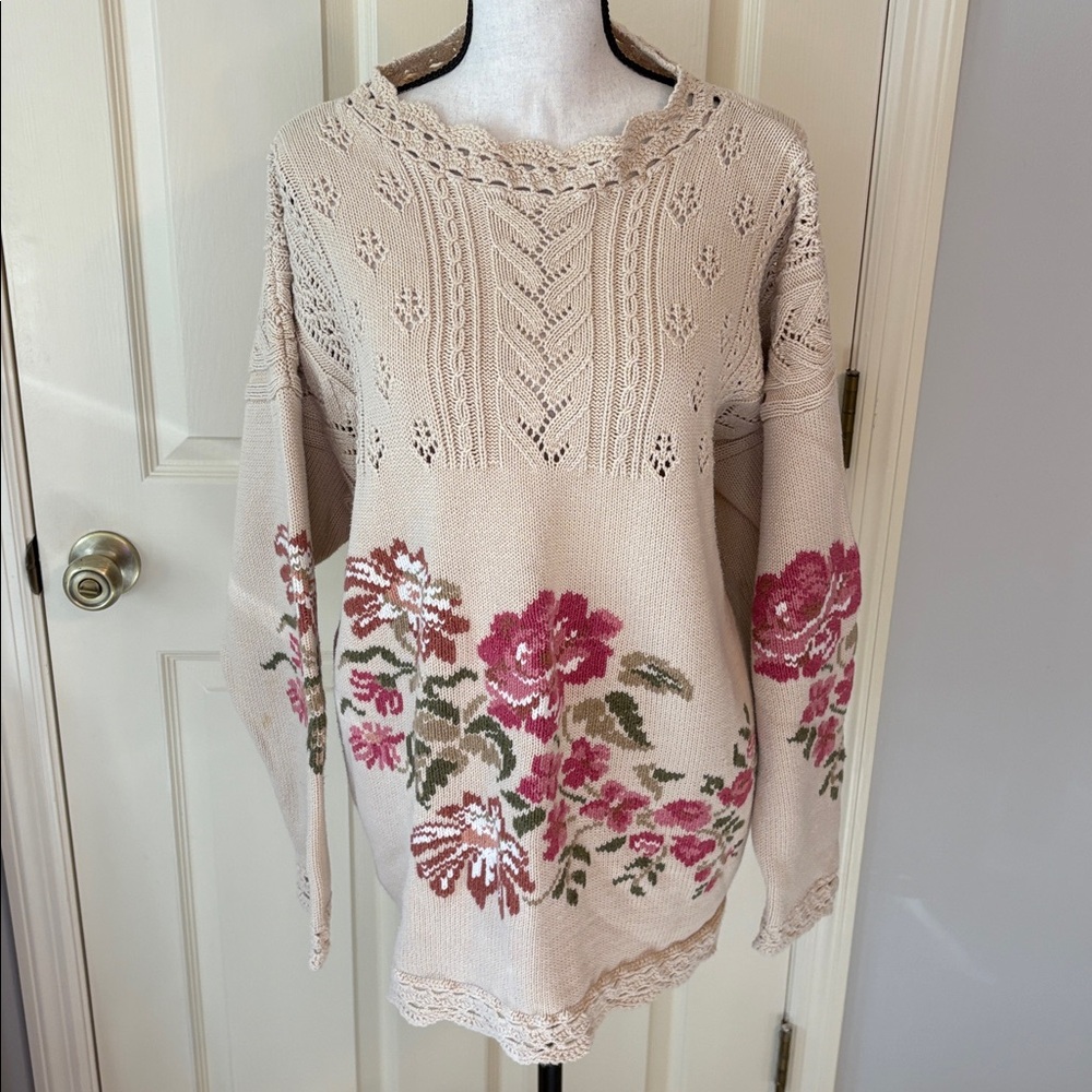 Vintage 90s Laura Ashley Floral and Lace Sweater 100% Cotton size L